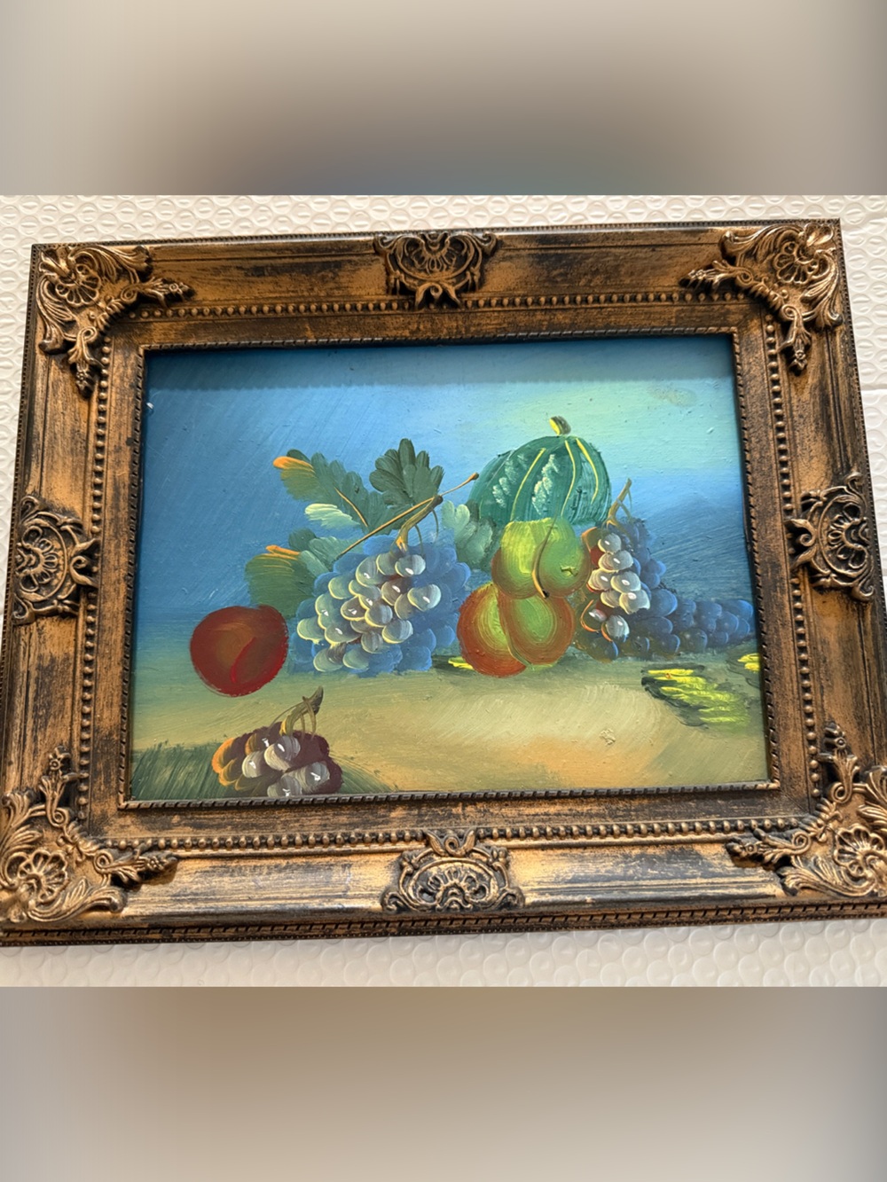 Gold Framed Still Life Wall Art - Blue & Green Fruit Painting